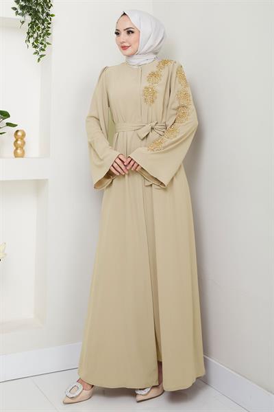 Çiçek Taşlı Kuşaklı Ferace Bej HM2713