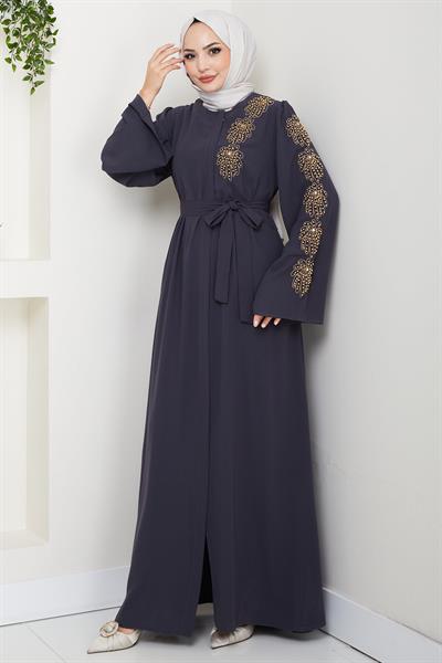 Çiçek Taşlı Kuşaklı Ferace Füme HM2713