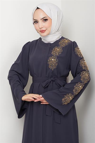 Çiçek Taşlı Kuşaklı Ferace Füme HM2713