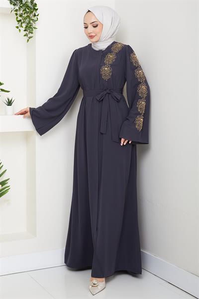 Çiçek Taşlı Kuşaklı Ferace Füme HM2713