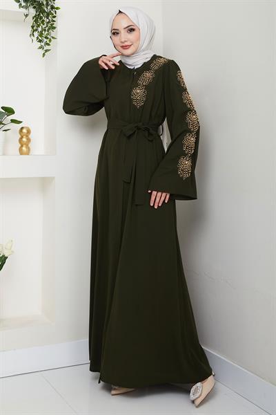 Çiçek Taşlı Kuşaklı Ferace Haki HM2713