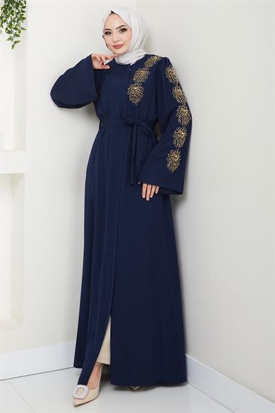 Çiçek Taşlı Kuşaklı Ferace Lacivert HM2713