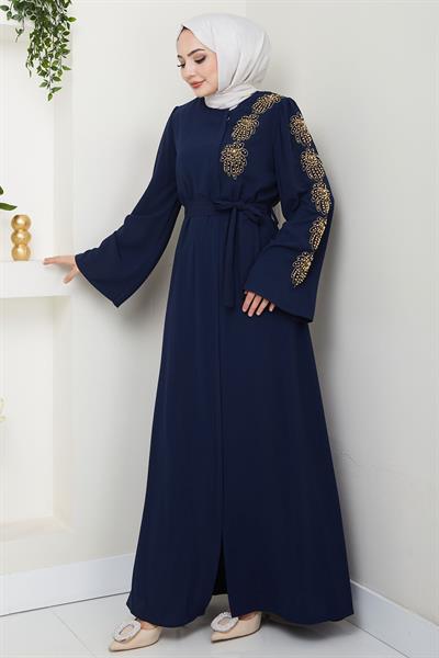 Çiçek Taşlı Kuşaklı Ferace Lacivert HM2713