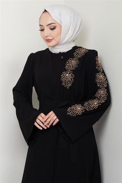 Çiçek Taşlı Kuşaklı Ferace Siyah HM2713