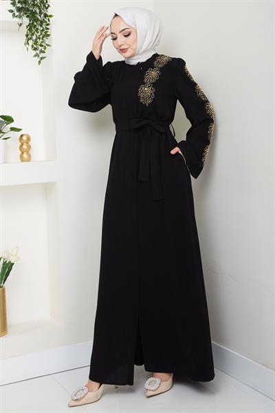 Çiçek Taşlı Kuşaklı Ferace Siyah HM2713