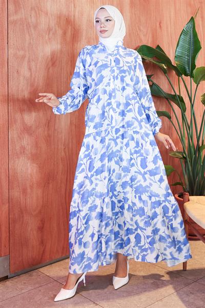 Çiçekli Baskılı Modal Elbise Mavi HM2798