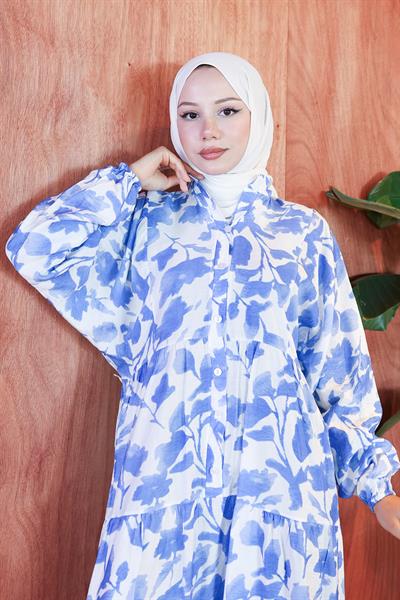 Çiçekli Baskılı Modal Elbise Mavi HM2798