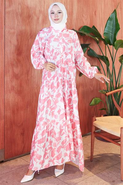 Çiçekli Baskılı Modal Elbise Pembe HM2798