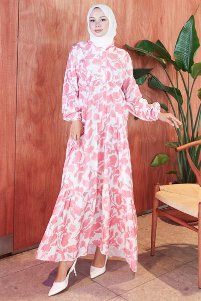 Çiçekli Baskılı Modal Elbise Pembe HM2798