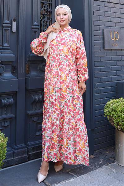 Çiçekli Baskılı Modal Elbise Pembe HM2794