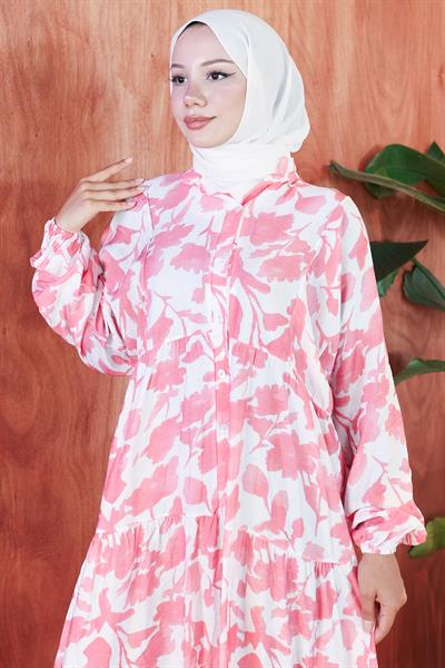 Çiçekli Baskılı Modal Elbise Pembe HM2798