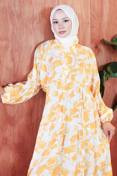 Çiçekli Baskılı Modal Elbise Sarı HM2798