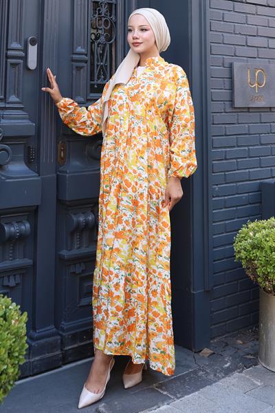 Çiçekli Baskılı Modal Elbise Sarı HM2794