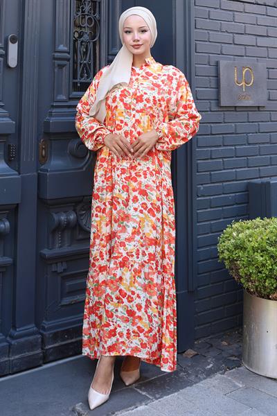Çiçekli Baskılı Modal Elbise Turuncu HM2794