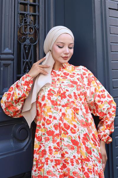 Çiçekli Baskılı Modal Elbise Turuncu HM2794