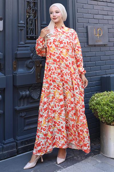 Çiçekli Baskılı Modal Elbise Turuncu HM2794