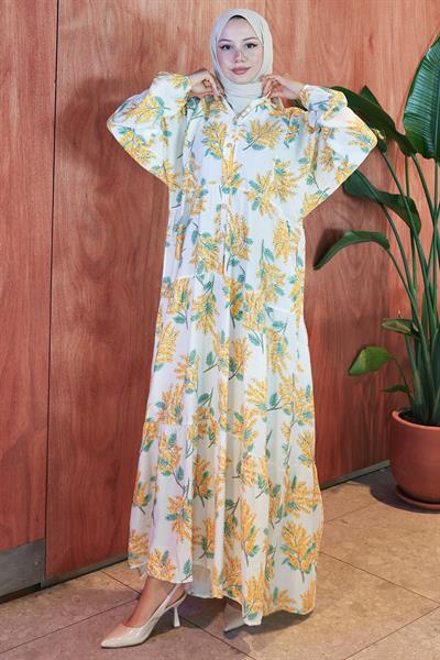 Çiçekli Baskılı Yazlık Elbise Beyaz HM2795