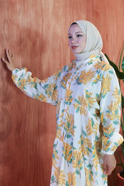 Çiçekli Baskılı Yazlık Elbise Beyaz HM2795