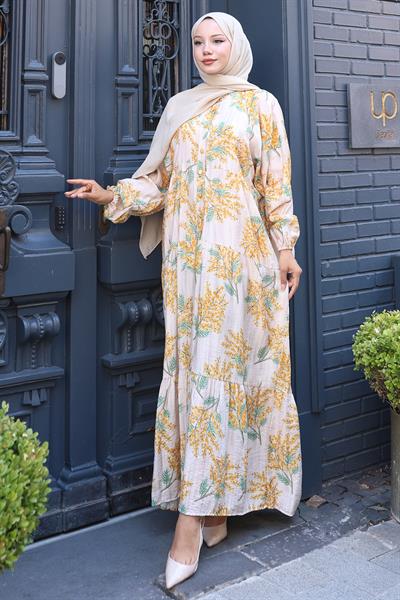 Çiçekli Baskılı Yazlık Elbise Krem HM2795