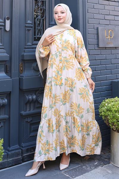 Çiçekli Baskılı Yazlık Elbise Krem HM2795