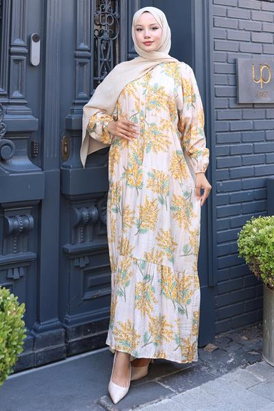 Çiçekli Baskılı Yazlık Elbise Krem HM2795