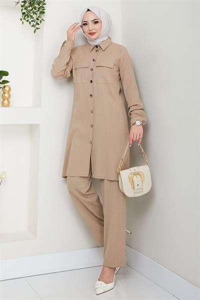 Çift Cepli Gömlekli İkili Takım Vizon HM2685