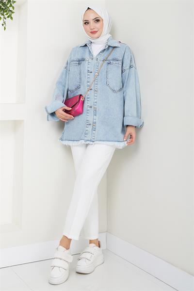 Çift Cepli Oversize Kot Ceket Mavi HM2578