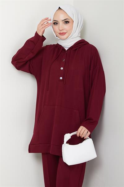 Çıtçıtlı Kapüşonlu İkili Takım Bordo HM2646