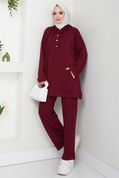 Çıtçıtlı Kapüşonlu İkili Takım Bordo HM2646