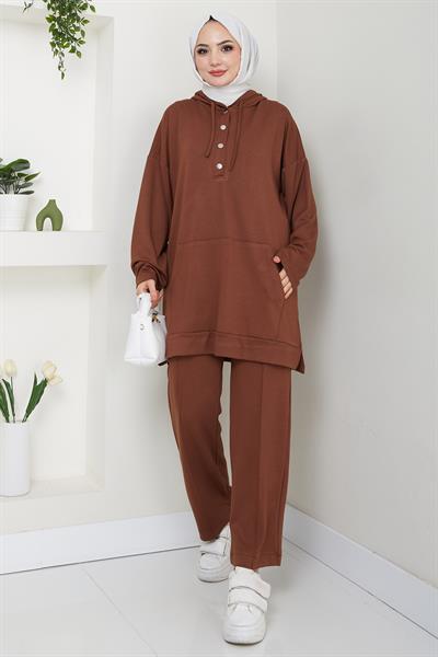 Çıtçıtlı Kapüşonlu İkili Takım Kahverengi HM2646