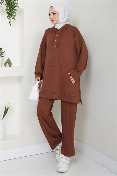 Çıtçıtlı Kapüşonlu İkili Takım Kahverengi HM2646