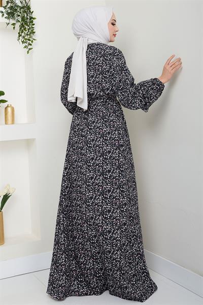 Çıtır Çiçek Desenli Yazlık Viskon Elbise Siyah HM2717