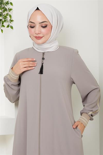 Çizgi Detaylı Bej Rengi Ferace HM2035