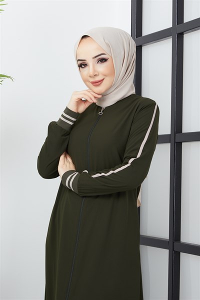 Çizgi Detaylı Haki Ferace 