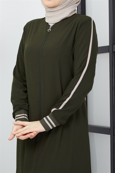 Çizgi Detaylı Haki Ferace 