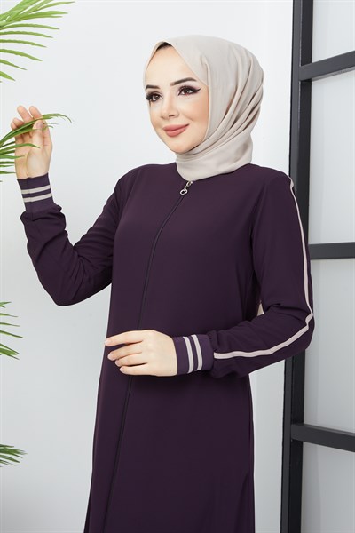 Çizgi Detaylı Mürdüm Ferace 