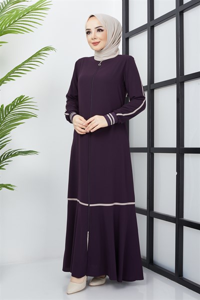 Çizgi Detaylı Mürdüm Ferace 