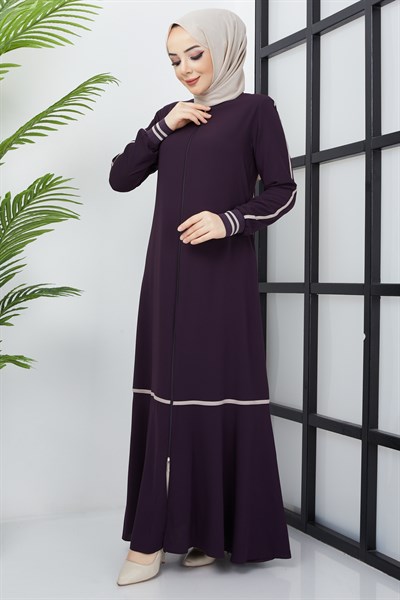 Çizgi Detaylı Mürdüm Ferace 