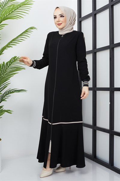 Çizgi Detaylı Siyah Ferace 