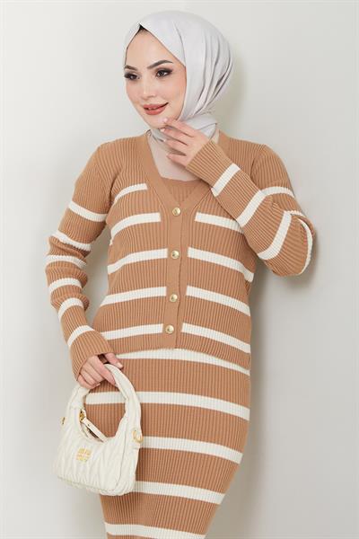 Çizgili Ceketli Jile Triko Takım Camel HM2634