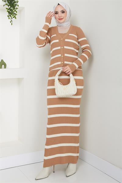 Çizgili Ceketli Jile Triko Takım Camel HM2634