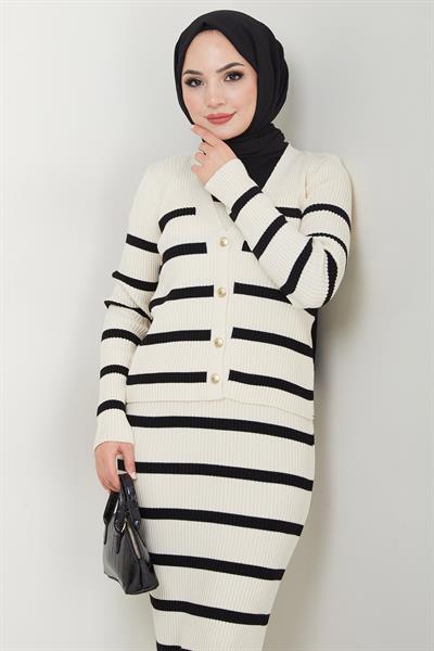 Çizgili Ceketli Jile Triko Takım Krem HM2634