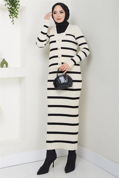 Çizgili Ceketli Jile Triko Takım Krem HM2634
