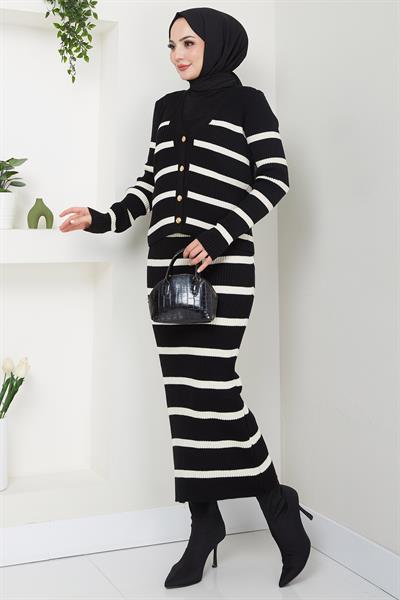 Çizgili Ceketli Jile Triko Takım Siyah HM2634