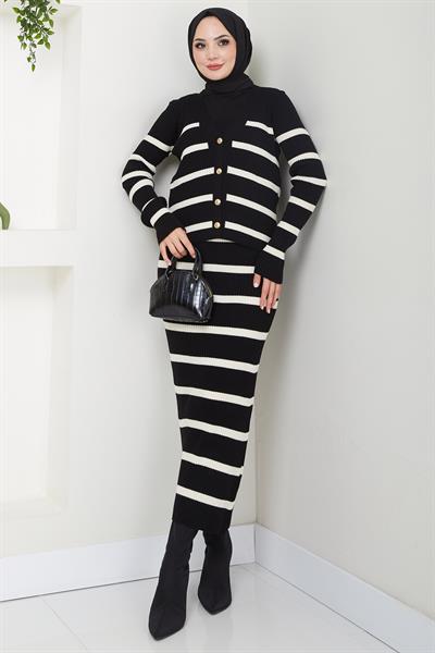 Çizgili Ceketli Jile Triko Takım Siyah HM2634