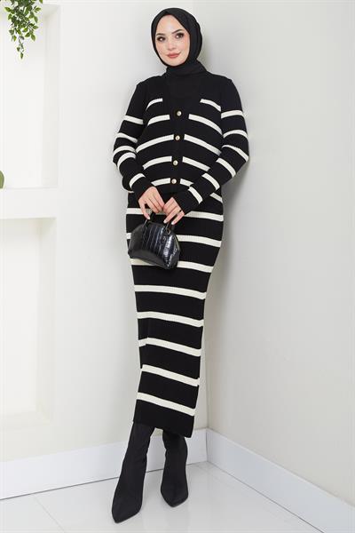 Çizgili Ceketli Jile Triko Takım Siyah HM2634