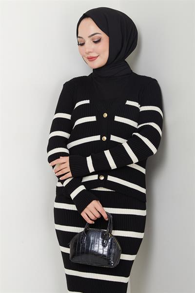 Çizgili Ceketli Jile Triko Takım Siyah HM2634