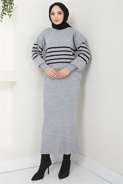 Çizgili Jile Kazak Triko Takım Gri HM2596