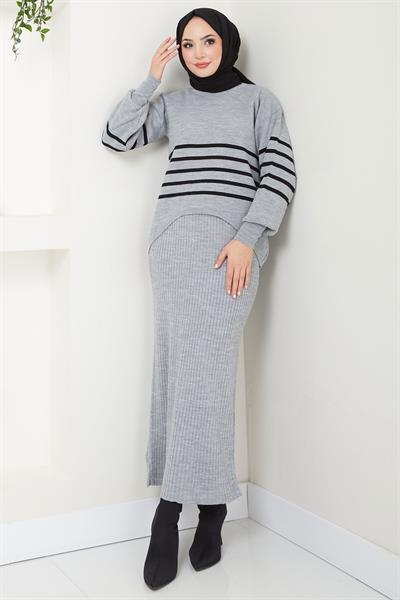 Çizgili Jile Kazak Triko Takım Gri HM2596