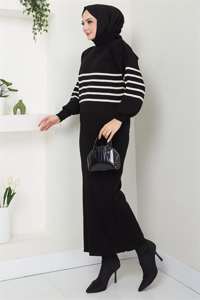 Çizgili Jile Kazak Triko Takım Siyah HM2596